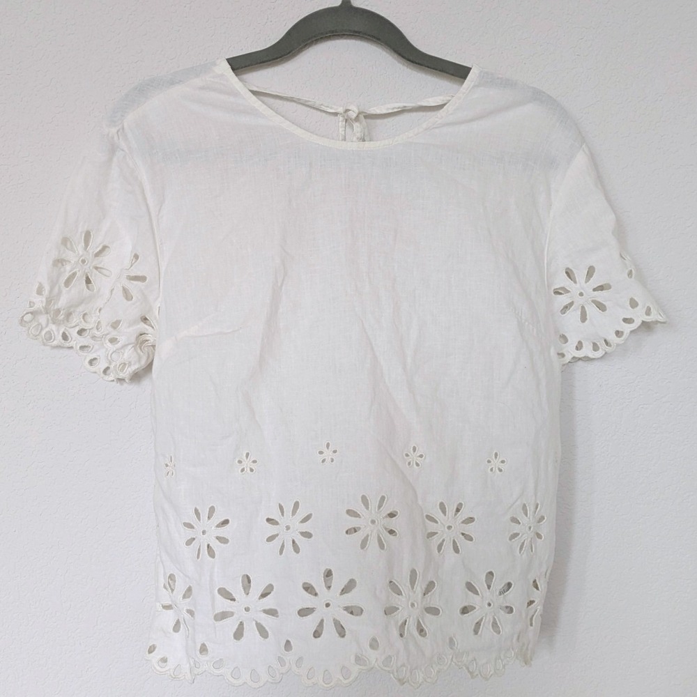 Madewell Eyelet Floral Embroidered Top Women S White Boho Linen Blend Short